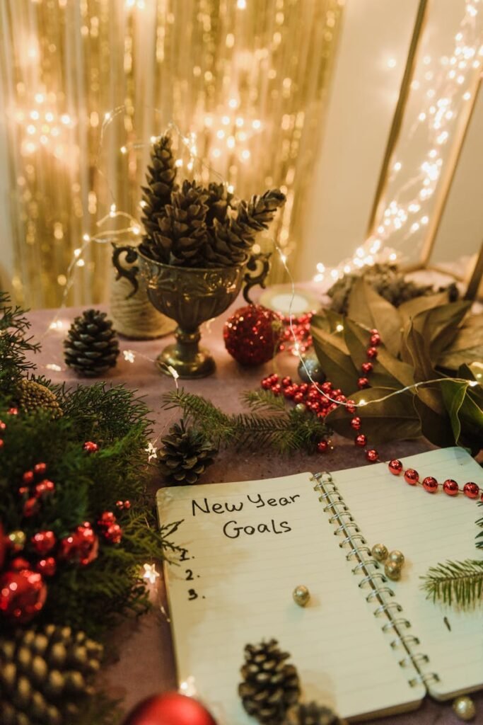 pexels-photo-6218759-6218759 New Year goals written in a notebook surrounded by festive Christmas decorations and twinkling lights.